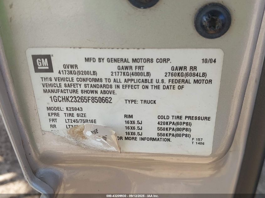 2005 Chevrolet Silverado 2500Hd Ls VIN: 1GCHK23265F850662 Lot: 43209930