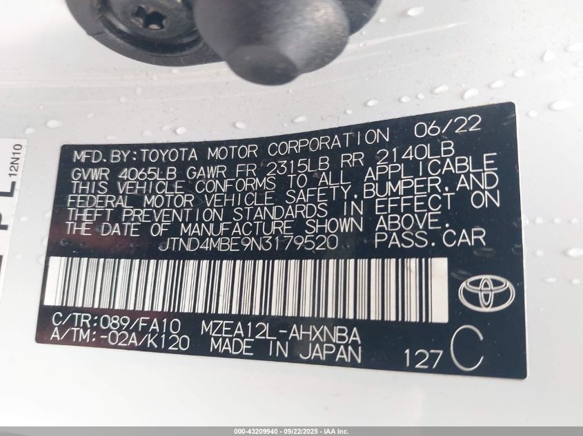2022 TOYOTA COROLLA SE - JTND4MBE9N3179520