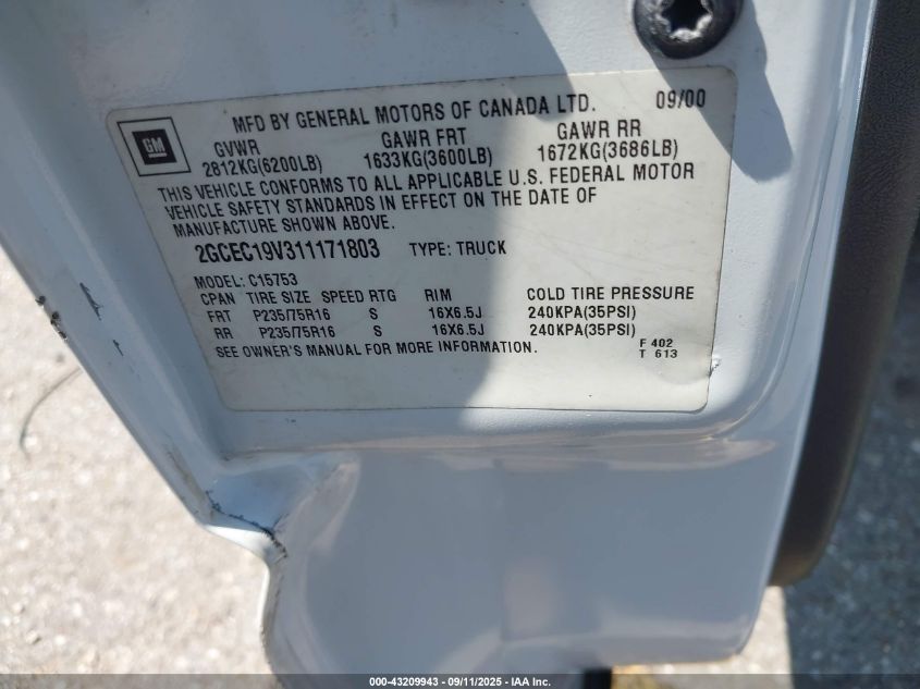 2001 Chevrolet Silverado 1500 Ls VIN: 2GCEC19V311171803 Lot: 43209943