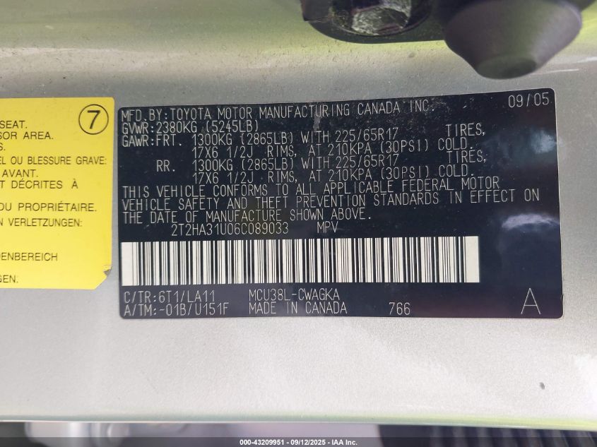 2006 Lexus Rx 330 VIN: 2T2HA31U06C089033 Lot: 43209951