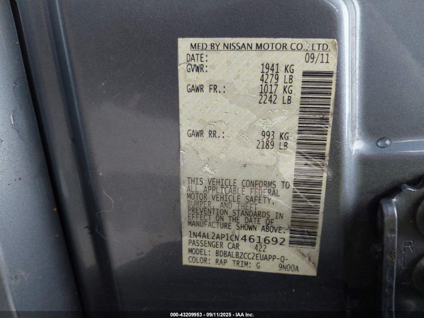 2012 Nissan Altima 2.5 S VIN: 1N4AL2AP1CN461692 Lot: 43209953