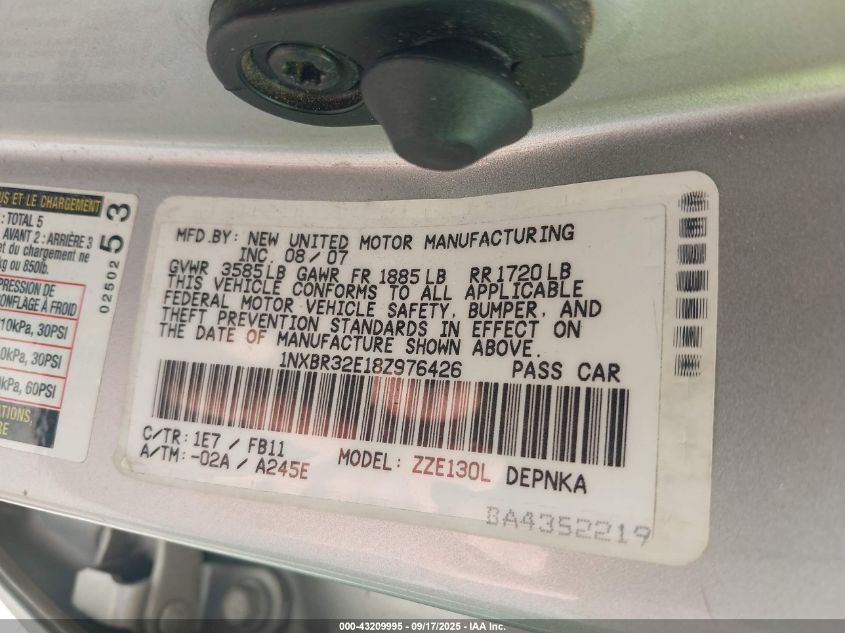 2008 Toyota Corolla Le VIN: 1NXBR32E18Z976426 Lot: 43209995