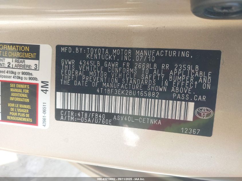 2011 Toyota Camry Le VIN: 4T1BF3EK2BU165882 Lot: 43210002