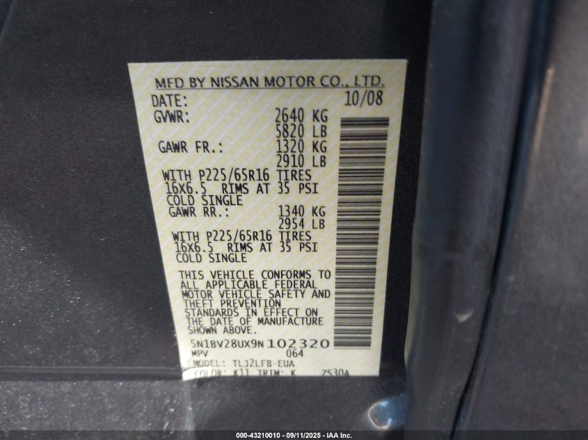 2009 Nissan Quest 3.5 VIN: 5N1BV28UX9N102320 Lot: 43210010