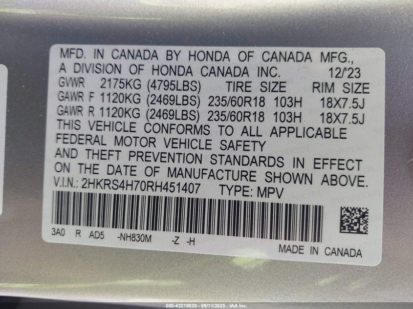 2024 HONDA CR-V EX-L AWD - 2HKRS4H70RH451407