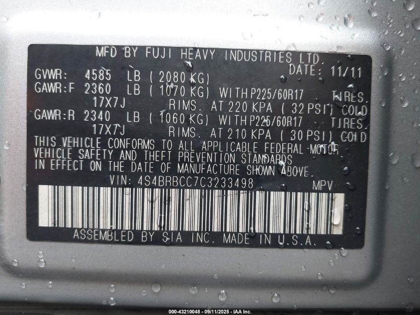 2012 Subaru Outback 2.5I Premium VIN: 4S4BRBCC7C3233498 Lot: 43210048