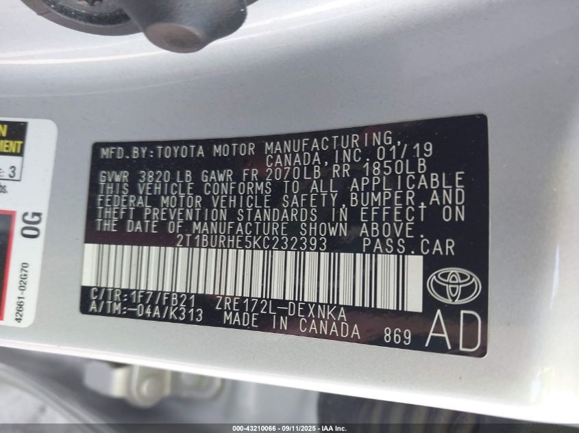 2019 Toyota Corolla Le VIN: 2T1BURHE5KC232393 Lot: 43210066