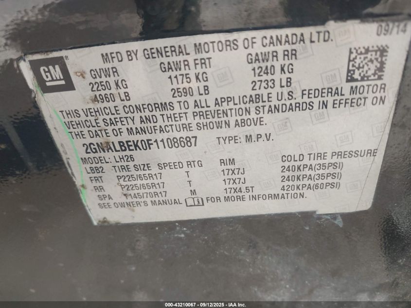2015 Chevrolet Equinox 1Lt VIN: 2GNALBEK0F1108687 Lot: 43210067