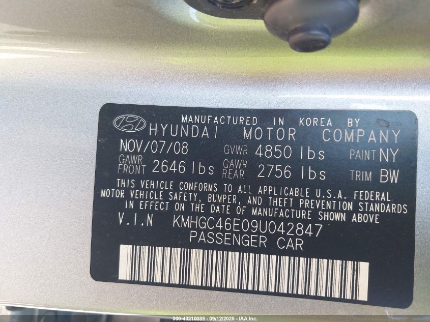 2009 Hyundai Genesis 3.8 VIN: KMHGC46E09U042847 Lot: 43210089