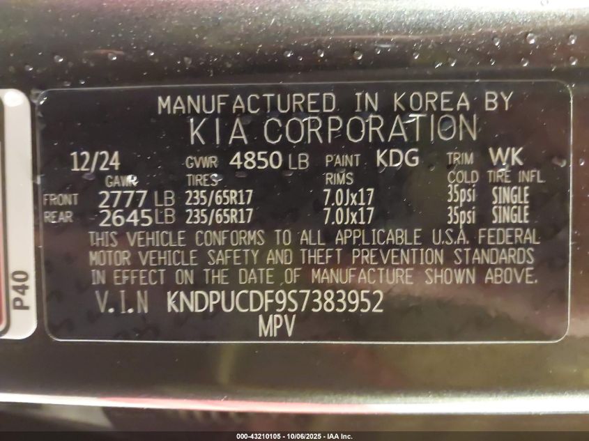 2025 Kia Sportage Lx VIN: KNDPUCDF9S7383952 Lot: 43210105