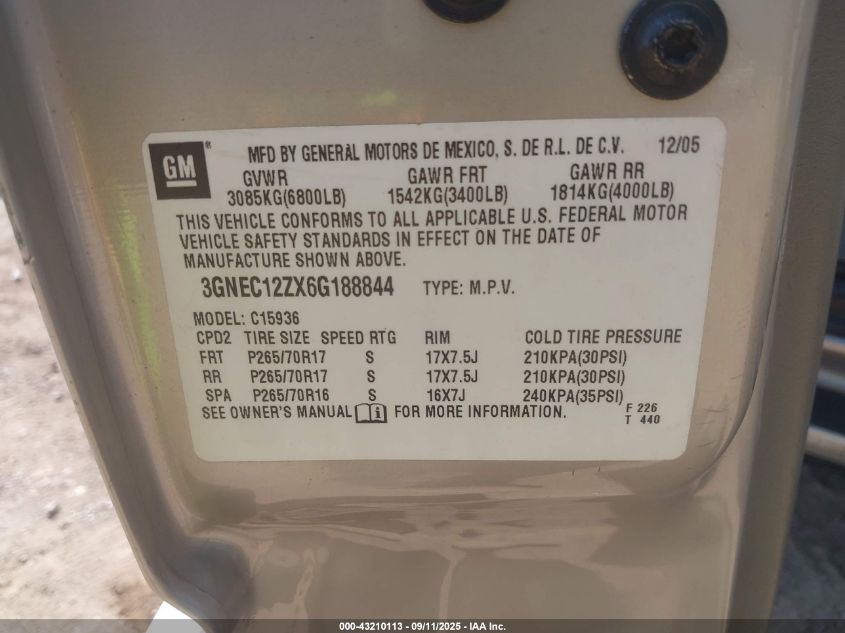 2006 Chevrolet Avalanche 1500 Z66 VIN: 3GNEC12ZX6G188844 Lot: 43210113