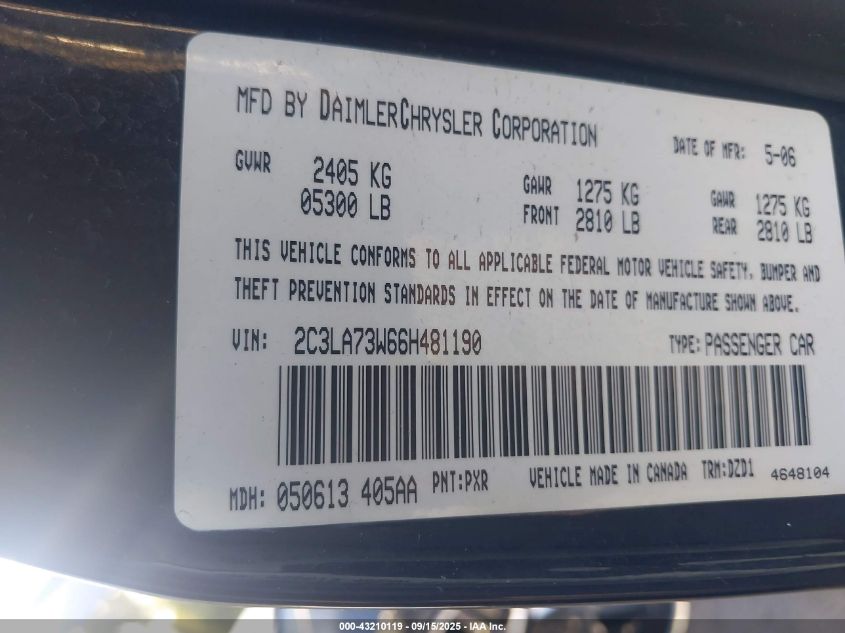 2006 Chrysler 300C Srt8 VIN: 2C3LA73W66H481190 Lot: 43210119