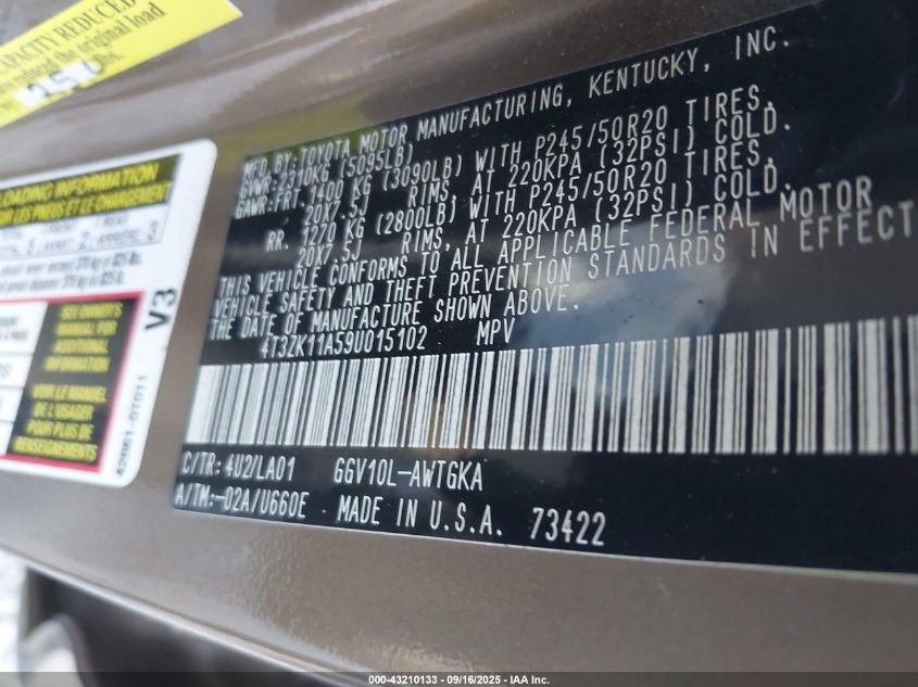 2009 Toyota Venza Base V6 VIN: 4T3ZK11A59U015102 Lot: 43210133