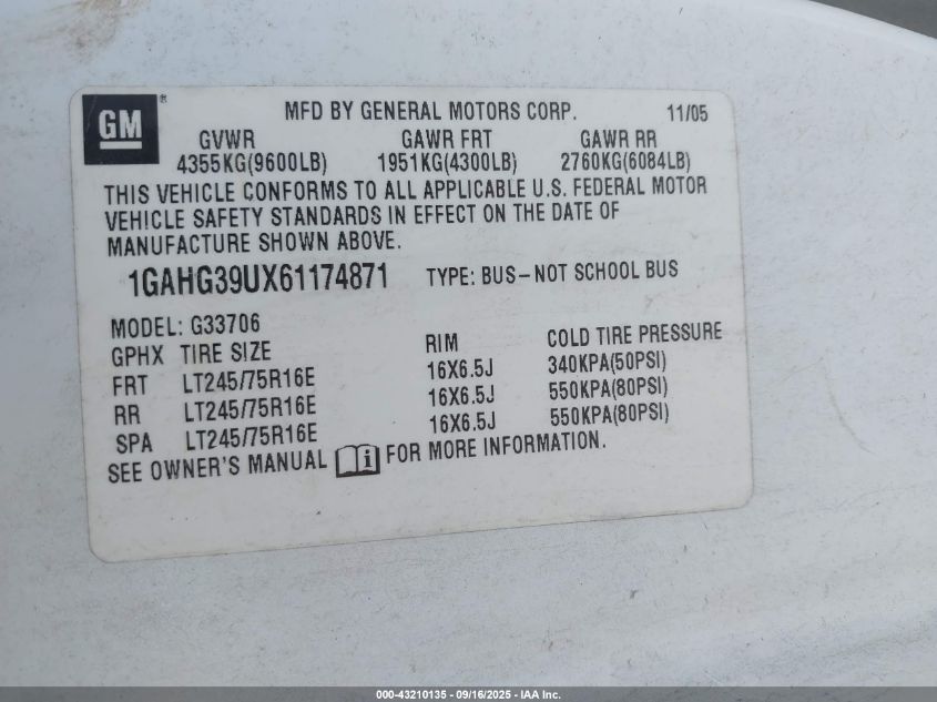 2006 Chevrolet Express Ls VIN: 1GAHG39UX61174871 Lot: 43210135