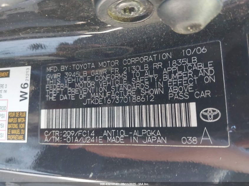 2007 Scion Tc VIN: JTKDE167370188612 Lot: 43210143