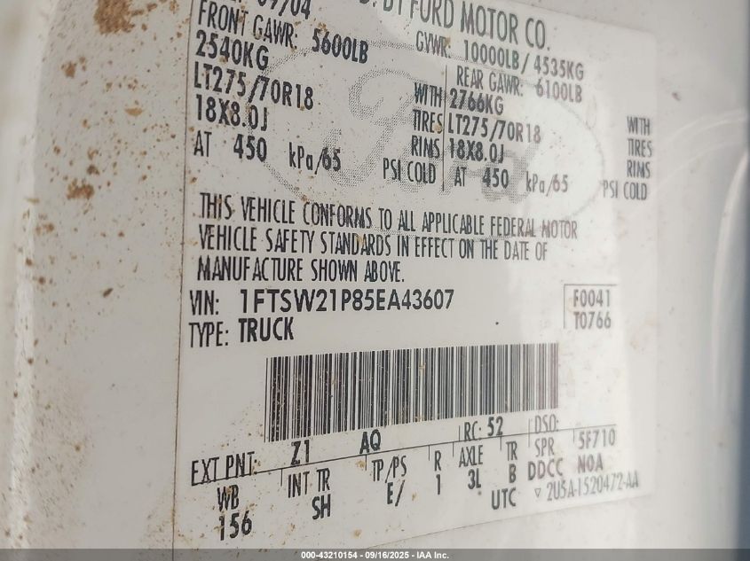 2005 Ford F-250 Lariat/Xl/Xlt VIN: 1FTSW21P85EA43607 Lot: 43210154