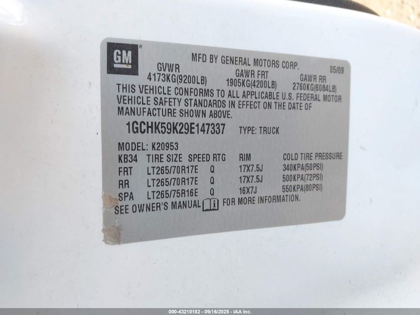 2009 Chevrolet Silverado 2500Hd Lt VIN: 1GCHK59K29E147337 Lot: 43210182