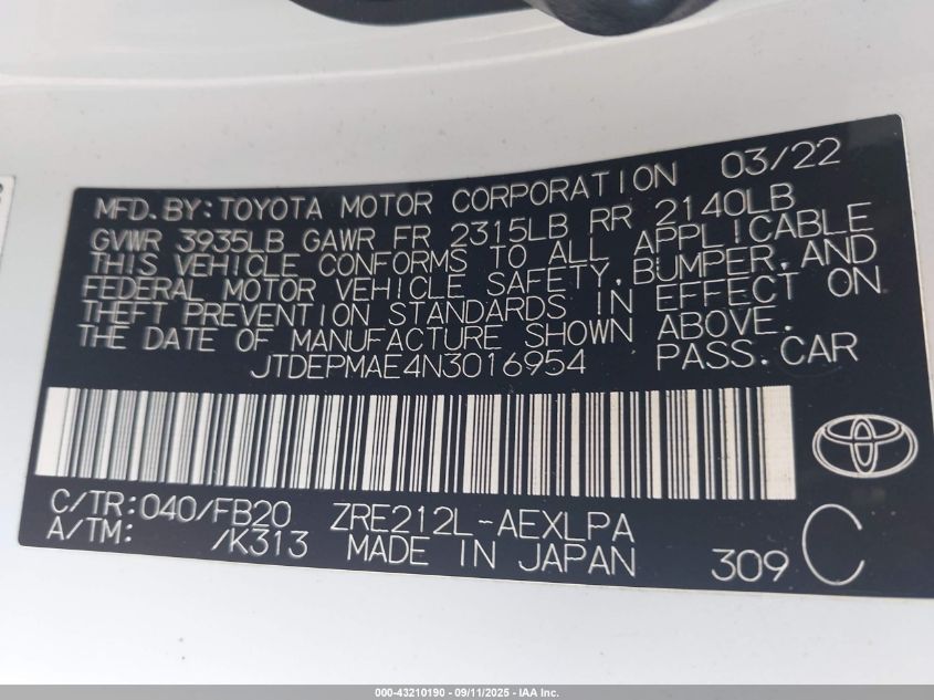 2022 Toyota Corolla Le VIN: JTDEPMAE4N3016954 Lot: 43210190