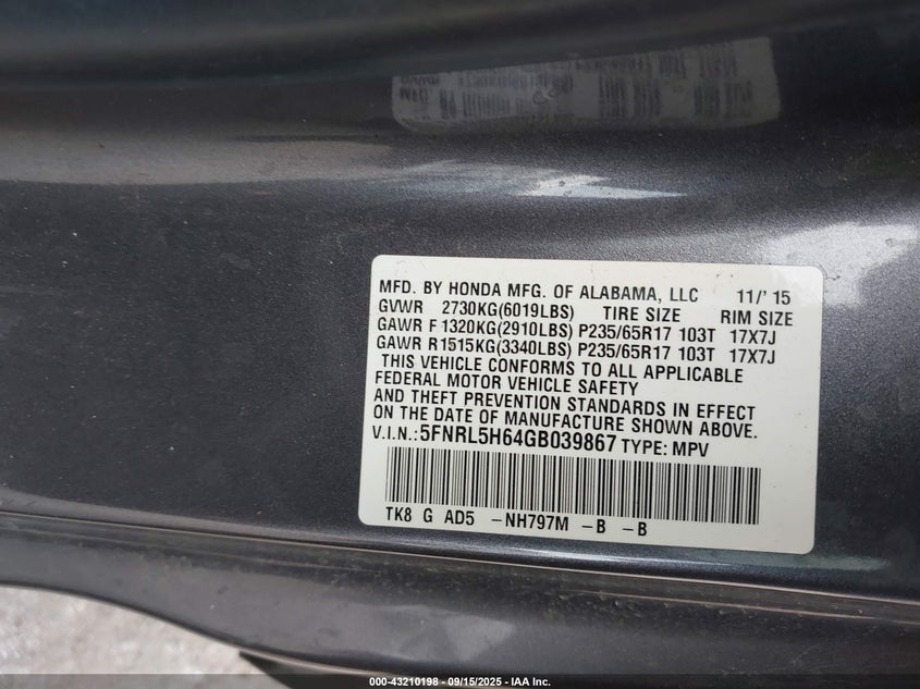 2016 HONDA ODYSSEY EX-L 5FNRL5H64GB039867