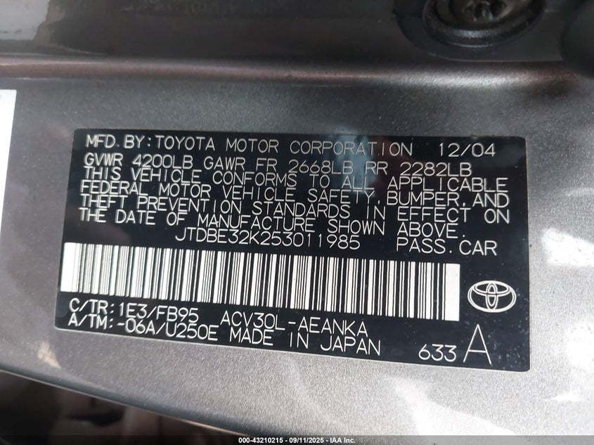 JTDBE32K253011985 2005 TOYOTA CAMRY photo no. 9