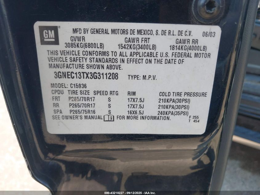 2003 Chevrolet Avalanche 1500 VIN: 3GNEC13TX3G311208 Lot: 43210227