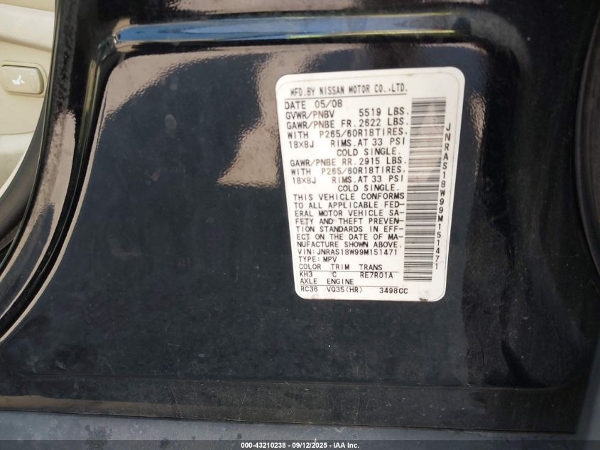 2009 Infiniti Fx35 VIN: JNRAS18W99M151471 Lot: 43210238