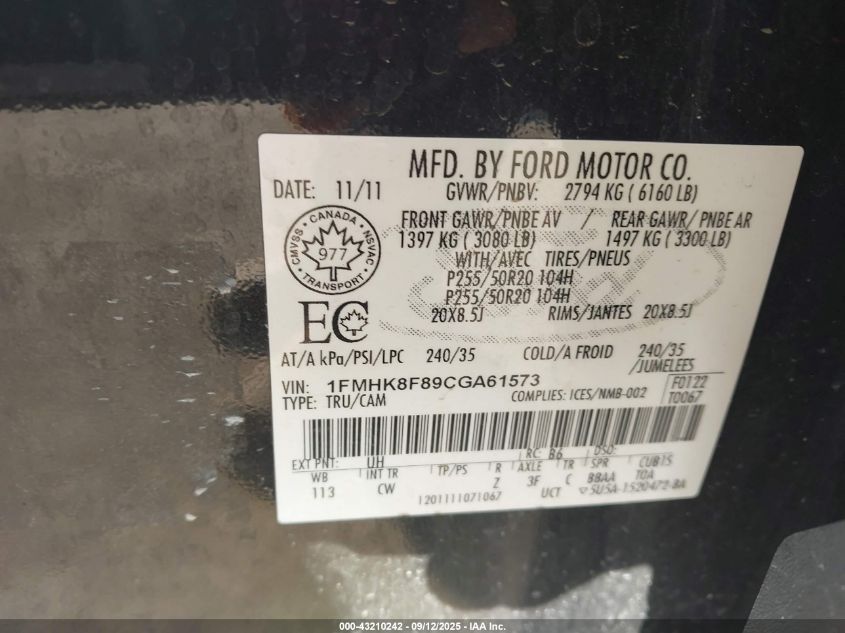 2012 Ford Explorer Limited VIN: 1FMHK8F89CGA61573 Lot: 43210242