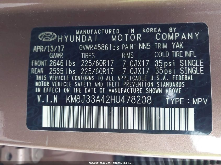 2017 Hyundai Tucson Se VIN: KM8J33A42HU478208 Lot: 43210244