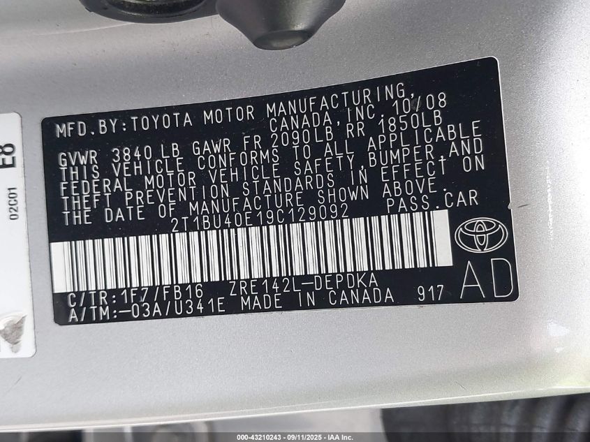 2009 Toyota Corolla Le VIN: 2T1BU40E19C129092 Lot: 43210243