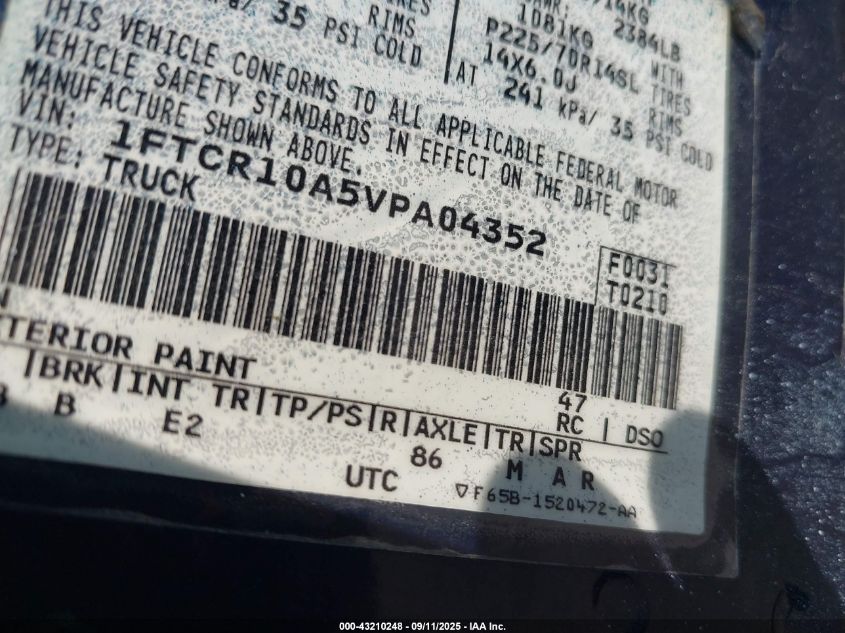 1997 Ford Ranger Splash/Xl/Xlt VIN: 1FTCR10A5VPA04352 Lot: 43210248