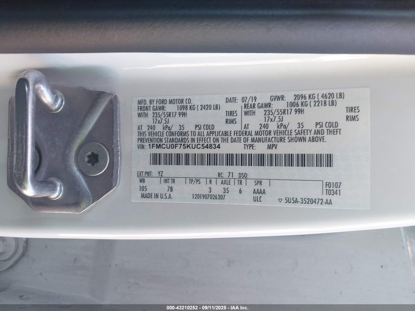 2019 FORD ESCAPE S - 1FMCU0F75KUC54834