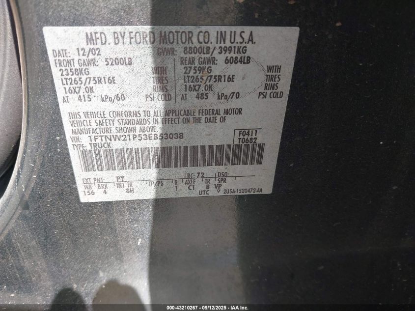 2003 Ford F-250 Lariat/Xl/Xlt VIN: 1FTNW21P53EB53038 Lot: 43210267