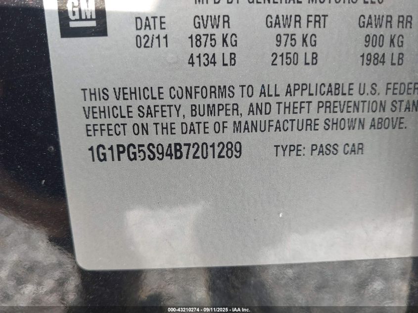 2011 Chevrolet Cruze 2Lt VIN: 1G1PG5S94B7201289 Lot: 43210274