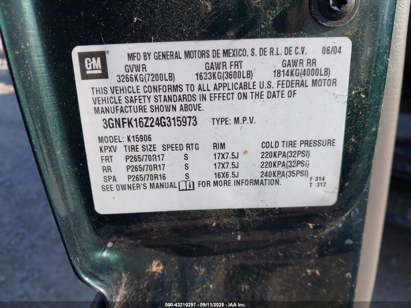 2004 Chevrolet Suburban 1500 Lt VIN: 3GNFK16Z24G315973 Lot: 43210297