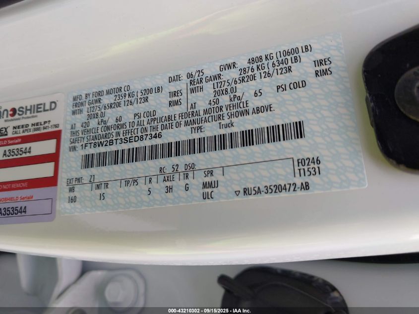 2025 Ford F-250 Xl VIN: 1FT8W2BT3SED87346 Lot: 43210302