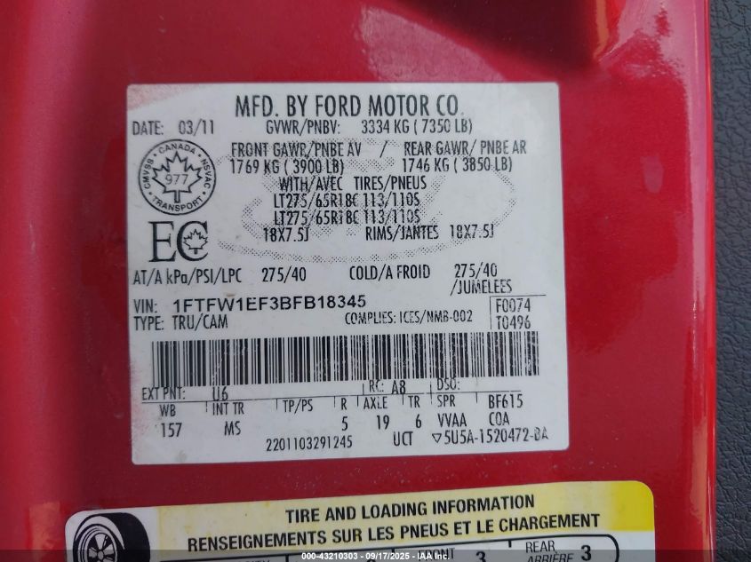 2011 Ford F-150 Xlt VIN: 1FTFW1EF3BFB18345 Lot: 43210303