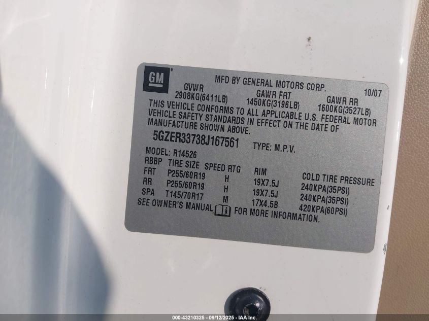 2008 Saturn Outlook Xr VIN: 5GZER33738J167561 Lot: 43210325