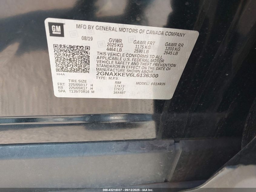 2020 Chevrolet Equinox Fwd Lt 1.5L Turbo VIN: 2GNAXKEV6L6136300 Lot: 43210337