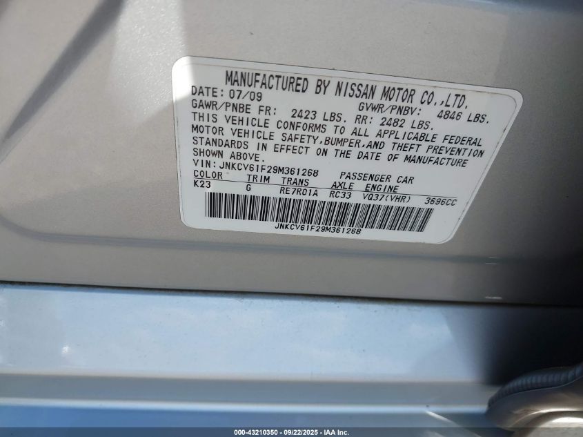 2009 Infiniti G37X VIN: JNKCV61F29M361268 Lot: 43210350