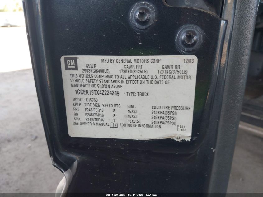 2004 Chevrolet Silverado 1500 Ls VIN: 1GCEK19TX4Z224249 Lot: 43210382