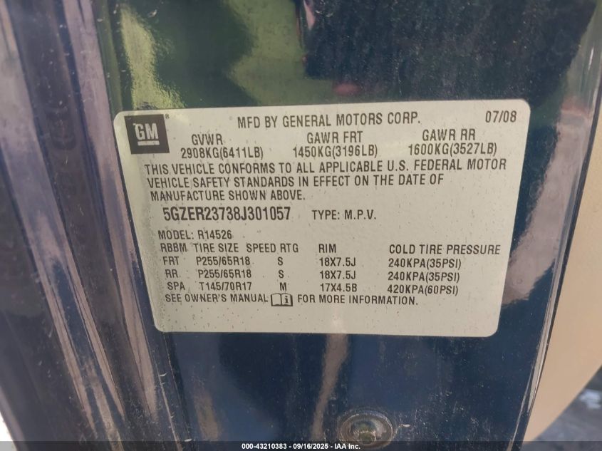 2008 Saturn Outlook Xr VIN: 5GZER23738J301057 Lot: 43210383