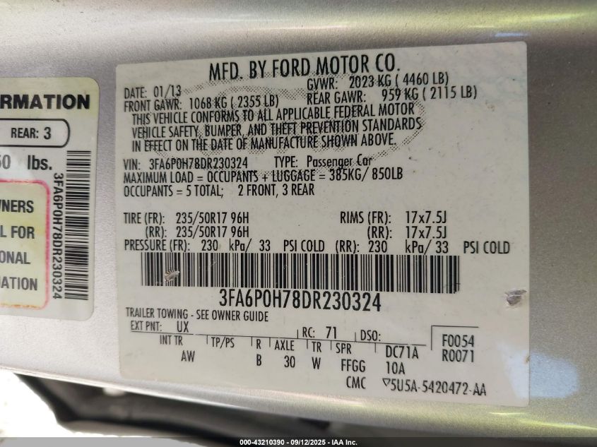 2013 Ford Fusion Se VIN: 3FA6P0H78DR230324 Lot: 43210390