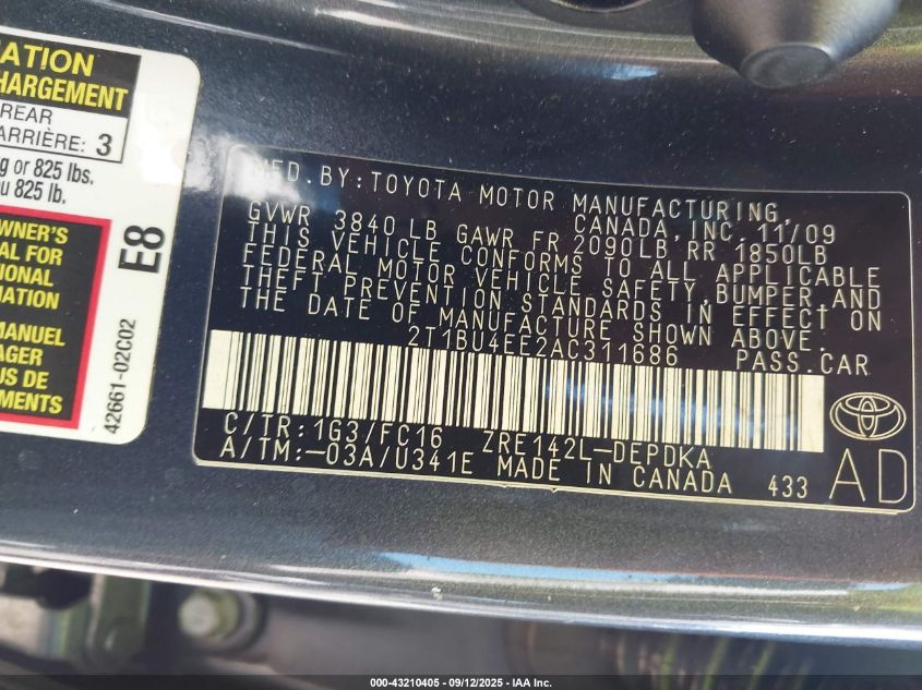 2010 Toyota Corolla Le VIN: 2T1BU4EE2AC311686 Lot: 43210405