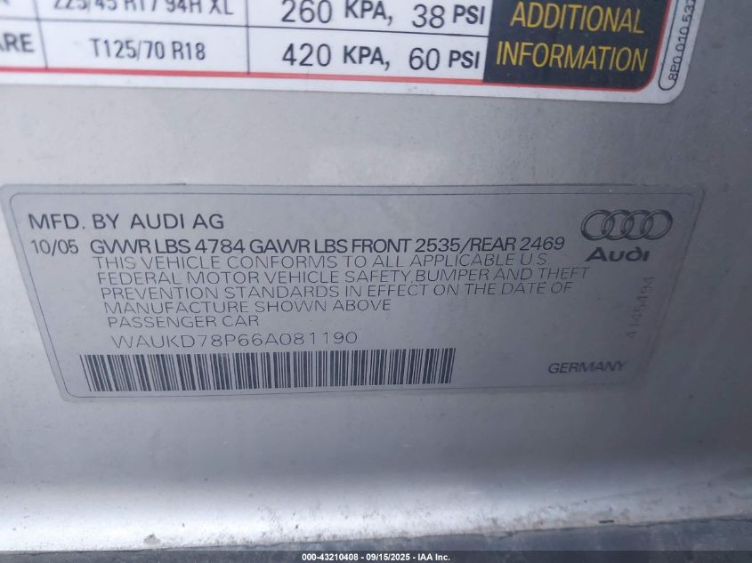 2006 Audi A3 3.2 S Line VIN: WAUKD78P66A081190 Lot: 43210408