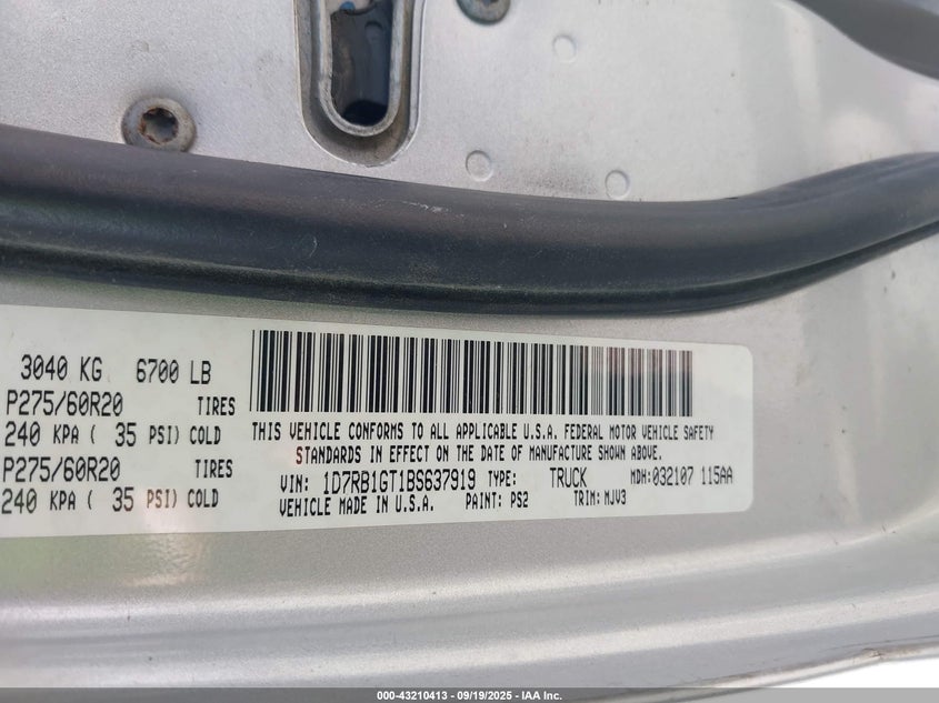 2011 Ram Ram 1500 Slt VIN: 1D7RB1GT1BS637919 Lot: 43210413