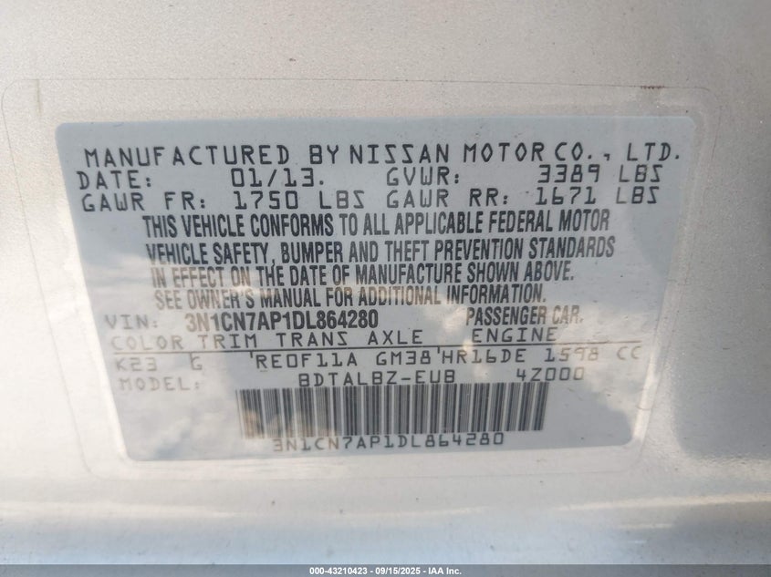 2013 Nissan Versa 1.6 Sv VIN: 3N1CN7AP1DL864280 Lot: 43210423