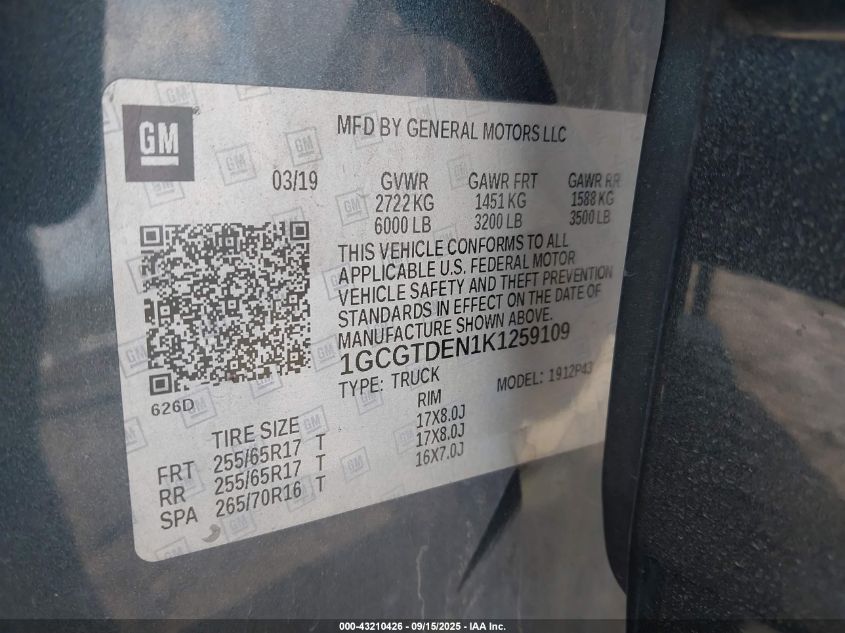 2019 Chevrolet Colorado Z71 VIN: 1GCGTDEN1K1259109 Lot: 43210426