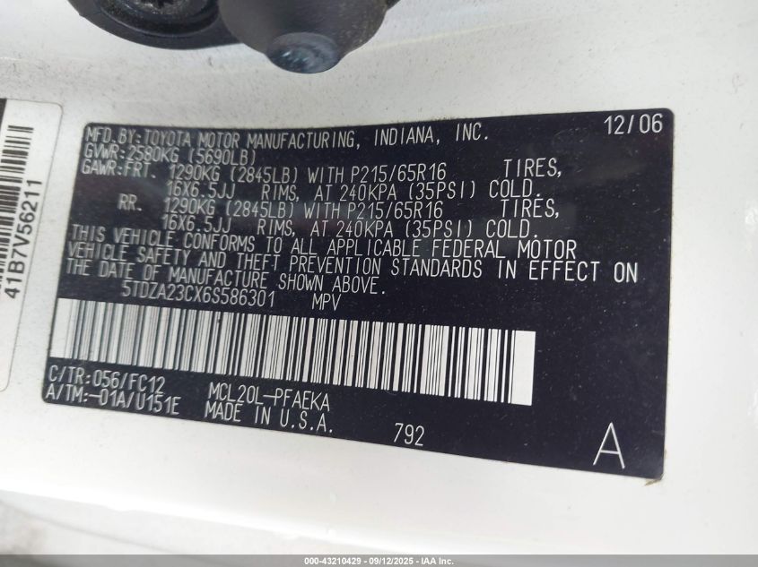 2006 Toyota Sienna Le VIN: 5TDZA23CX6S586301 Lot: 43210429