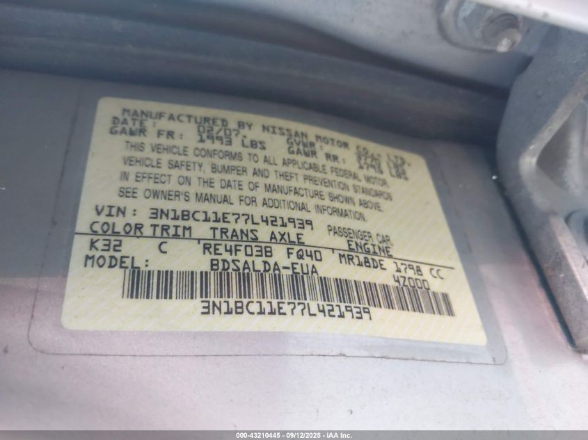 2007 Nissan Versa 1.8S VIN: 3N1BC11E77L421939 Lot: 43210445