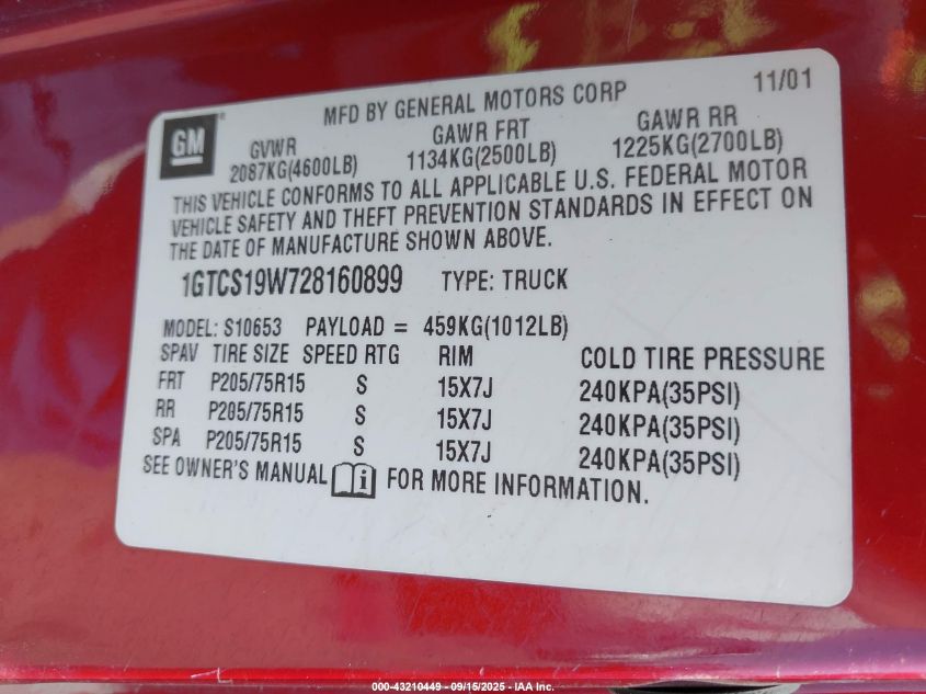 2002 GMC Sonoma Sls VIN: 1GTCS19W728160899 Lot: 43210449